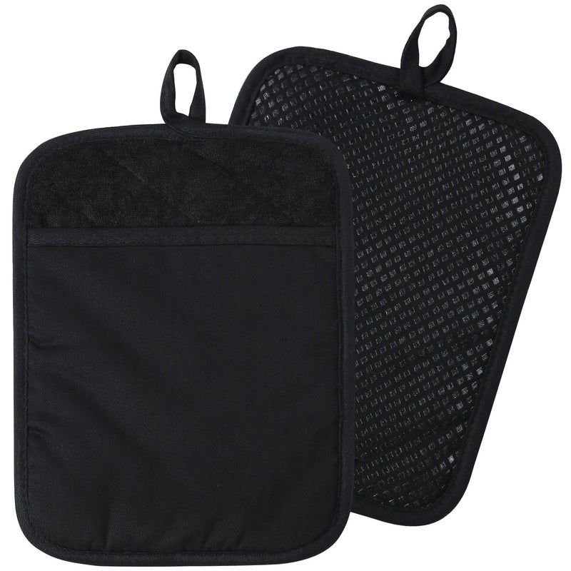 Lifaith 100% Cotton with Silicone Kitchen Everyday Basic Pot Holder Heat Resistant Coaster Potholder Oven Mitts with Pocket for Cooking and Baking Set of 2 Black - Image 1